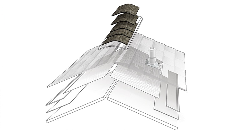 A pictorial representation of the layers of a GAF roofing system, highlighting the ridge cap shingles, the finishing touch that helps defend against leaks at the hips and ridges.