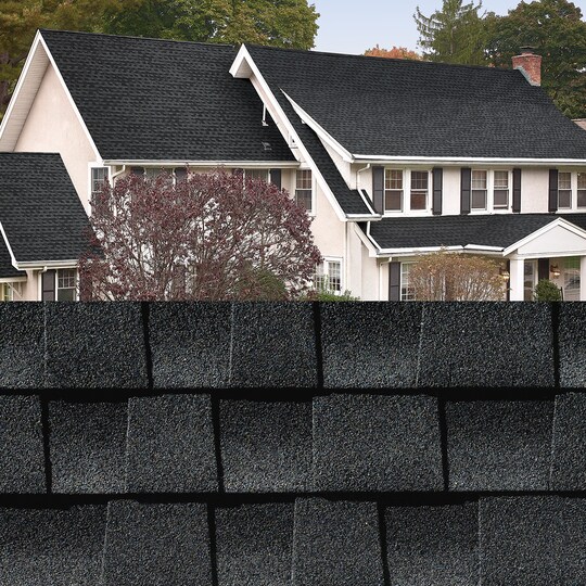 GAF Timberline HDZ® Charcoal Shingle closeup with sample product image on a white house.