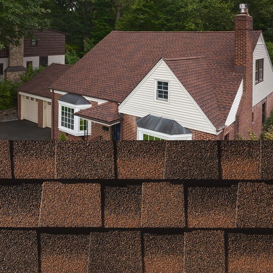 GAF Timberline HDZ® Hickory Shingle sample with roof image of shingles on a brick home.