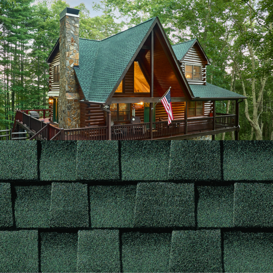 GAF Timberline HDZ® Hunter Green Shingle closeup with sample product image on a log house.