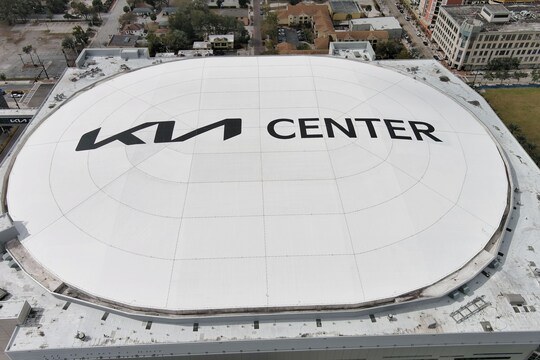 Aerial view of the restored dome roof of the Kia Center in Orlando using GAF liquid-applied roofing materials.