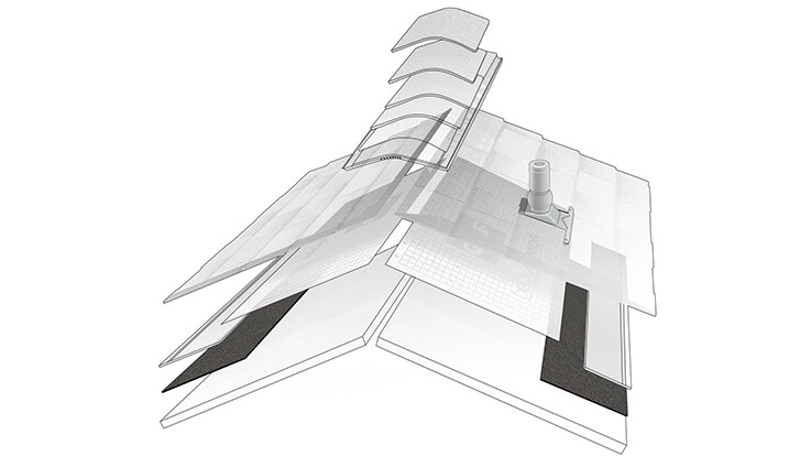 A pictorial representation of the layers of a GAF roofing system, highlighting the leak barrier layer, which helps prevent leaks caused by wind-driven rain and ice dams.